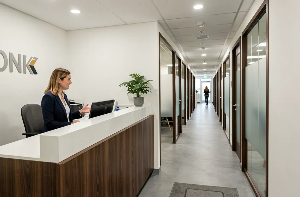 Espace d'accueil du Cabinet de Kinésithérapie Faidherbe à Lille avec réceptionniste et couloir de soins