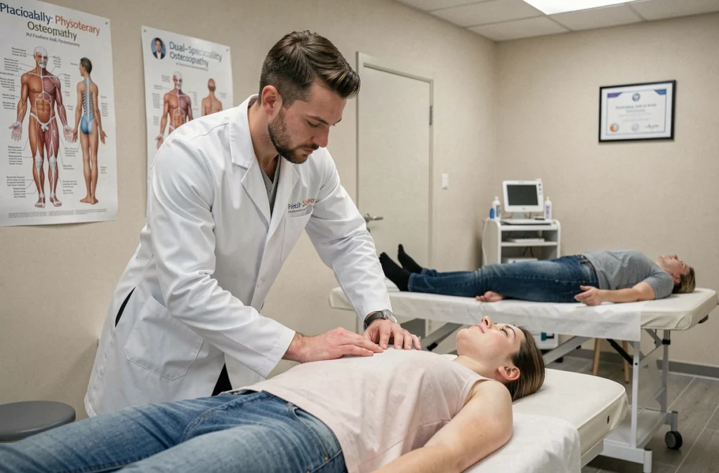 Cabinet de Kinésithérapie et Ostéopathie Kiné Nord avec un thérapeute pratiquant une technique ostéopathique sur un patient