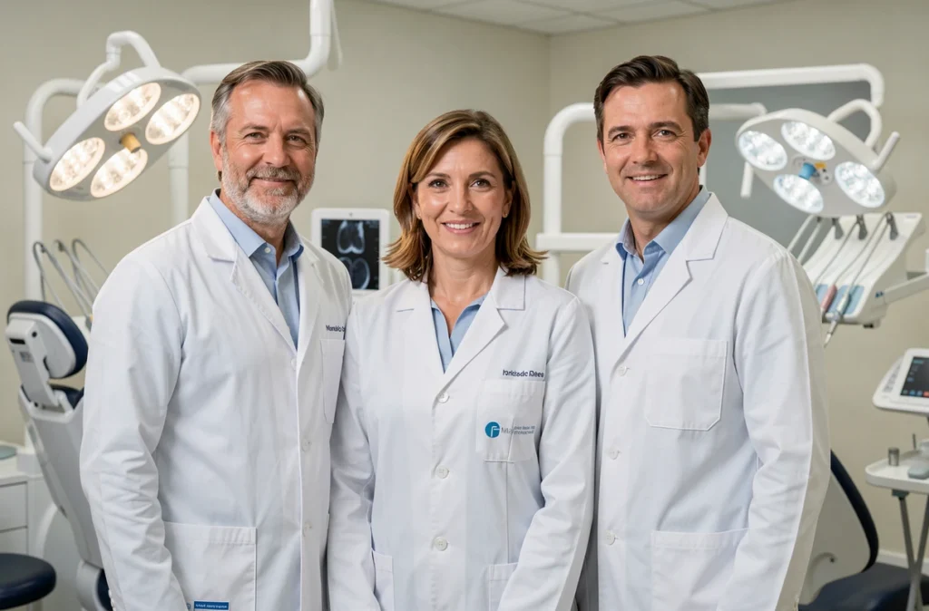 Équipe de trois orthodontistes du cabinet de Montaigu en Vendée dans leur salle de consultation