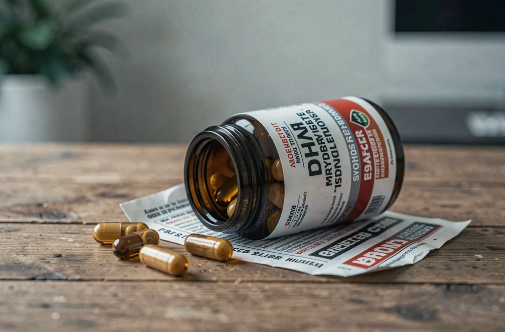 Bouteille de complément alimentaire renversée avec capsules et publicité froissée sur un bureau en bois, symbolisant les pratiques marketing trompeuses des produits comme Cardiobalance