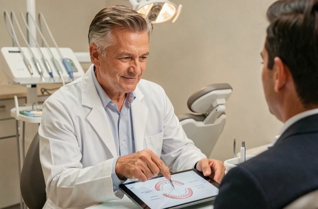 Orthodontiste masculin senior expliquant un traitement à un patient via une tablette dans son cabinet