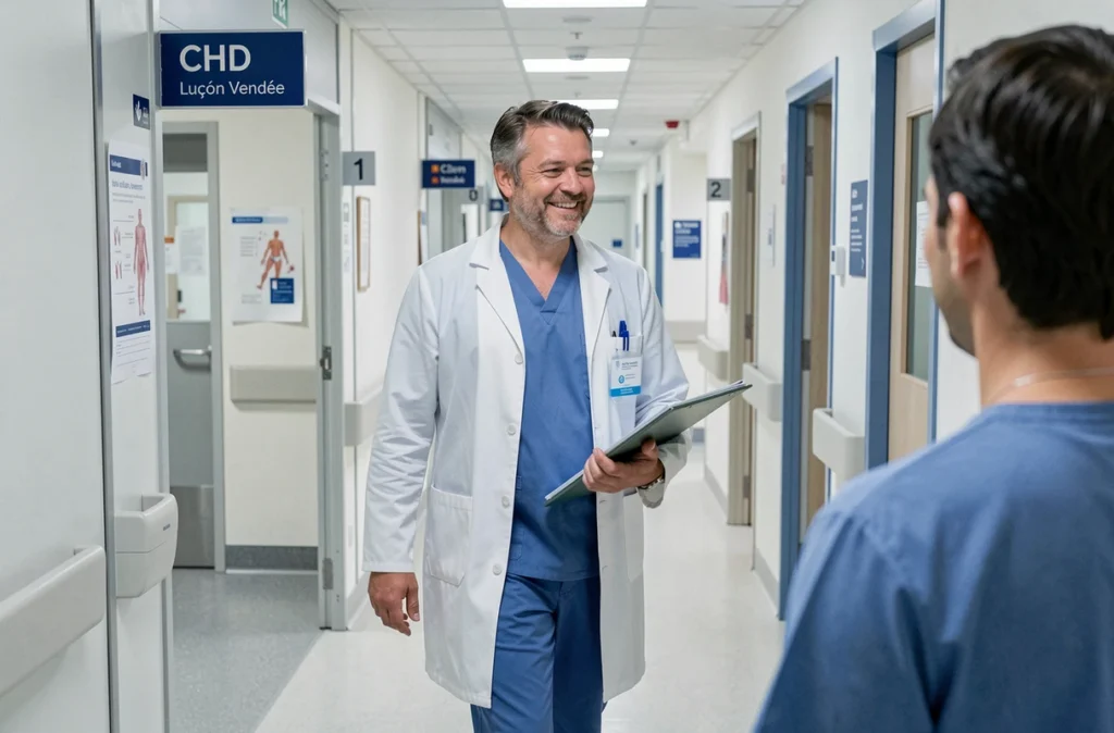 Orthodontiste en blouse marchant dans le couloir de l'hôpital CHD de Luçon en Vendée
