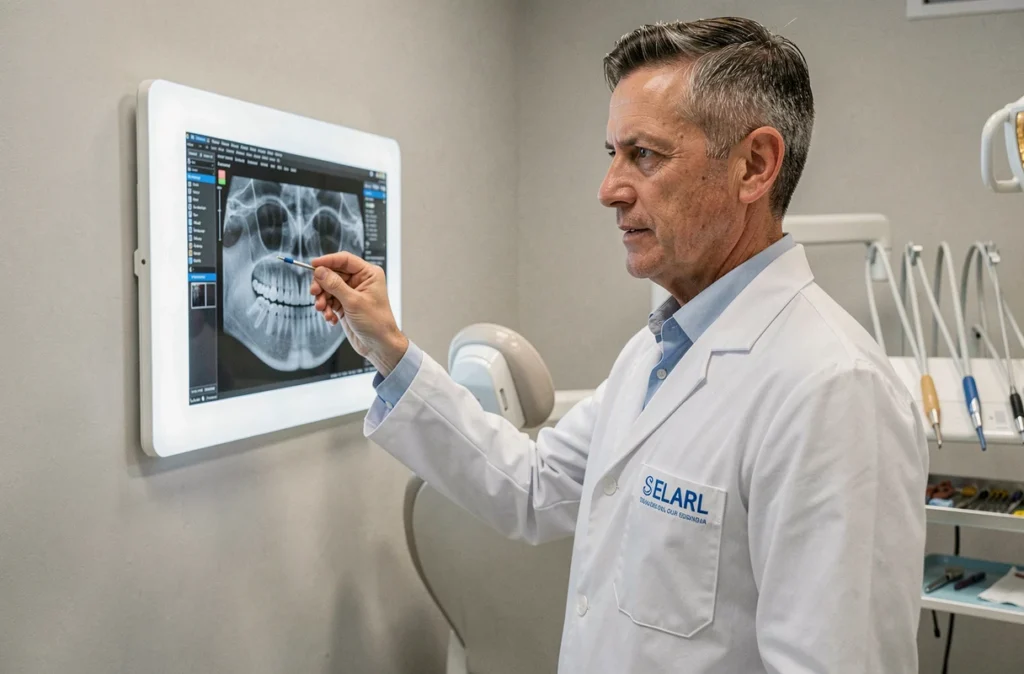 Orthodontiste examinant une radiographie dans un cabinet d'orthopédie dento-faciale en Vendée