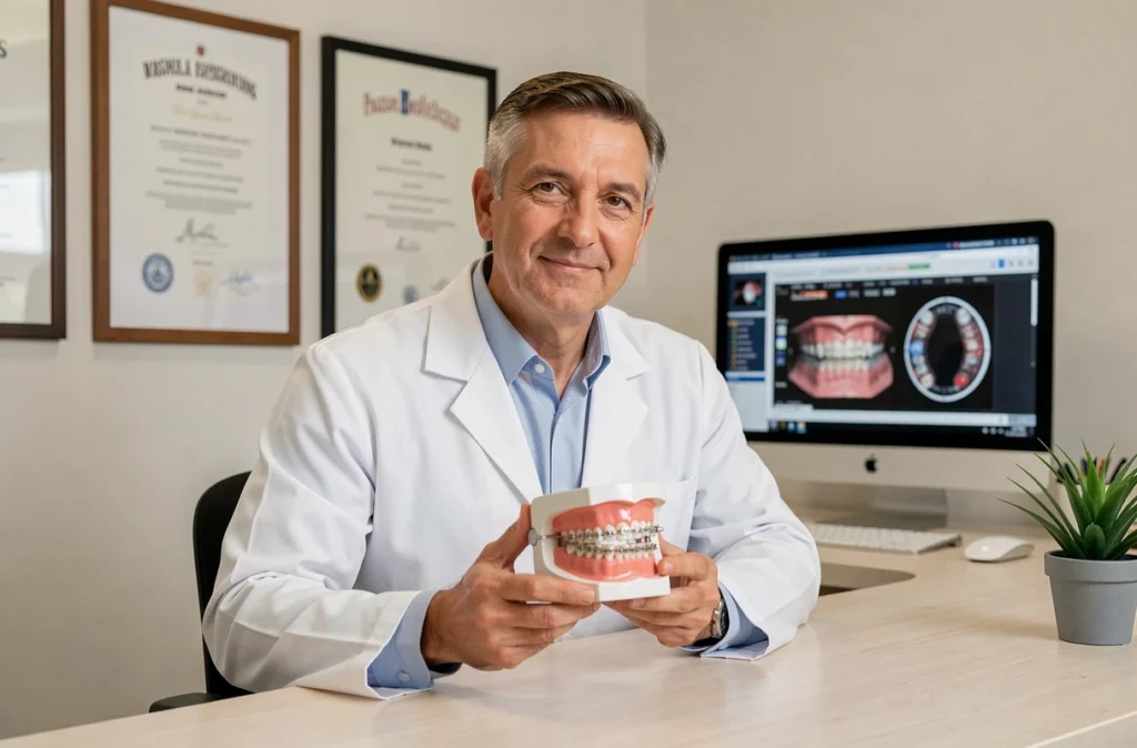 Orthodontiste en cabinet privé tenant un modèle dentaire avec appareil orthodontique