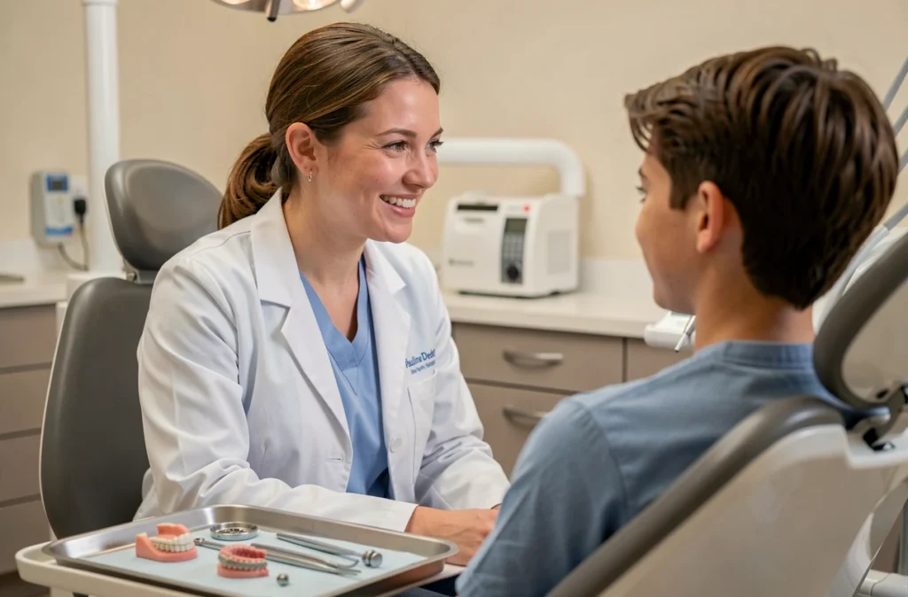 Jeune orthodontiste féminine souriante en consultation avec une patiente adolescente dans son cabinet