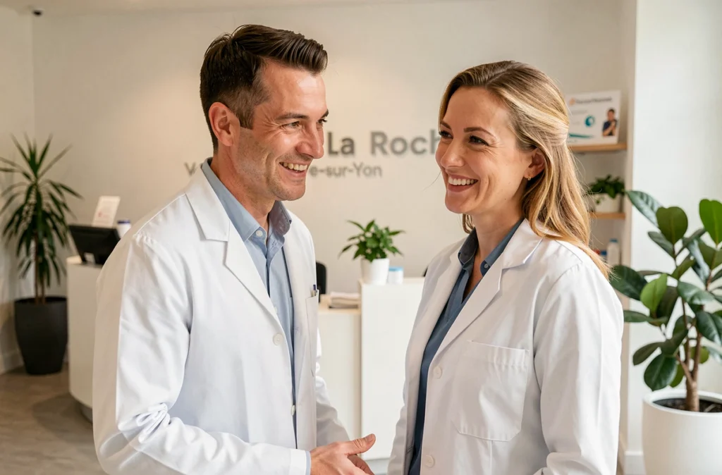 Orthodontiste masculin accueillant un patient dans son cabinet moderne à La Roche-sur-Yon