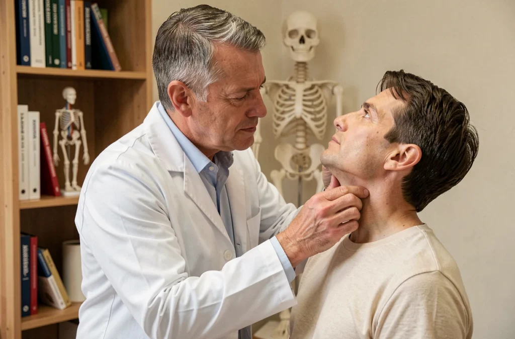 Éric Courtecuisse, kinésithérapeute et ostéopathe à Cambrai, réalisant un bilan ostéopathique cervical sur un patient