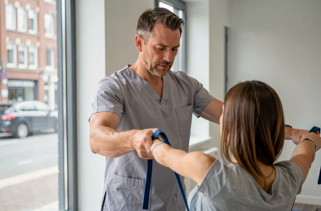 Marc Catteau du cabinet Kiné Lille Moulins guidant un patient dans un exercice de rééducation avec bandes élastiques