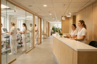 Vue d'ensemble d'un cabinet de kinésithérapie moderne dans le Nord de la France avec plusieurs thérapeutes et patients