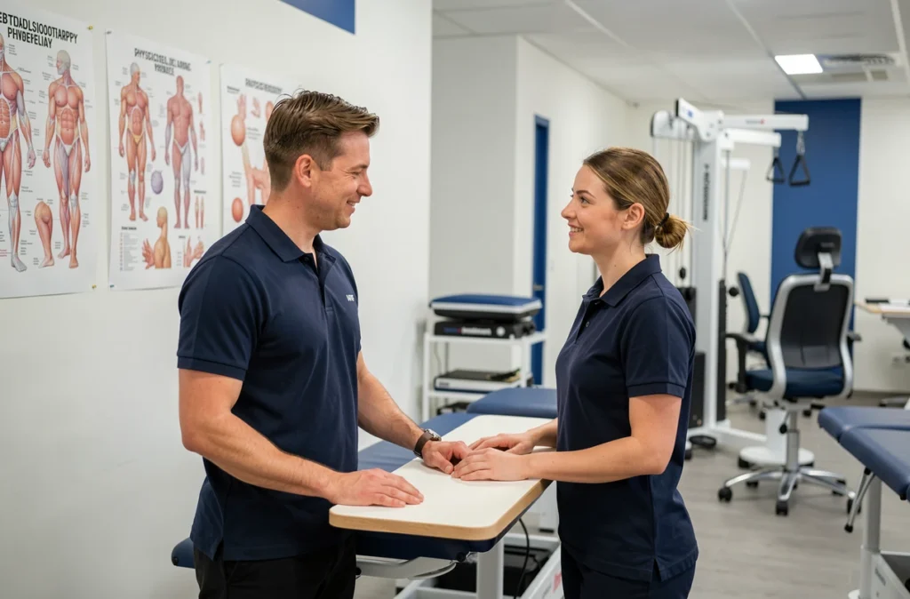 Cabinet pluridisciplinaire Lille Kiné avec thérapeutes collaborant dans un espace de soins moderne
