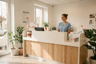 Salle d'attente d'un cabinet d'orthodontie moderne en Vendée avec une réceptionniste souriante