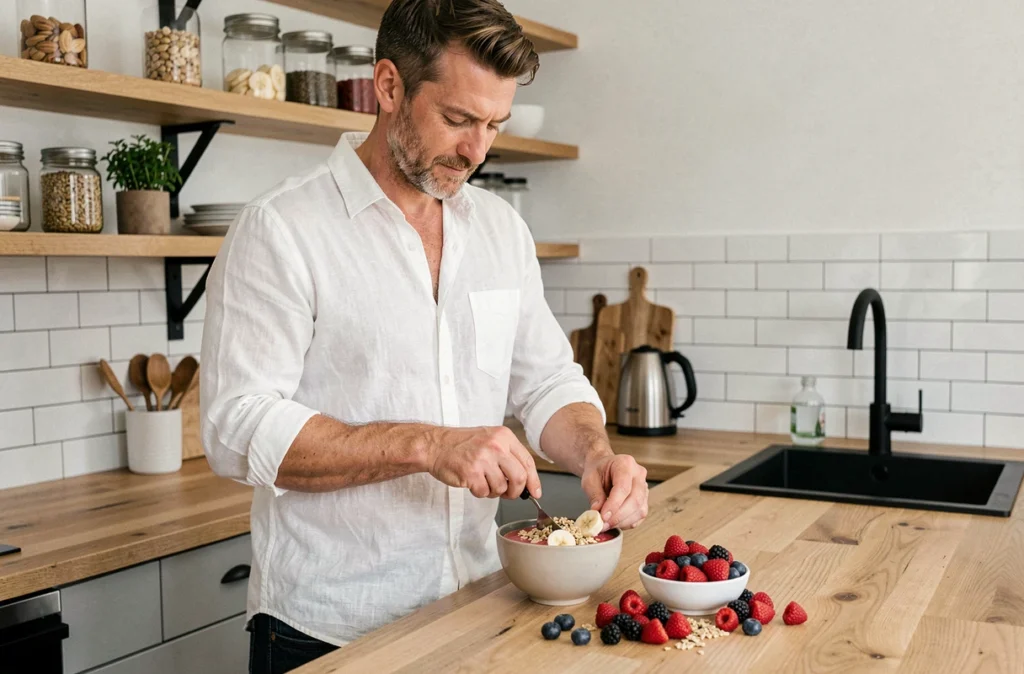 Homme préparant un bol de smoothie sain dans une cuisine moderne, représentant les conseils nutrition et bien-être disponibles sur Vitalsan.fr