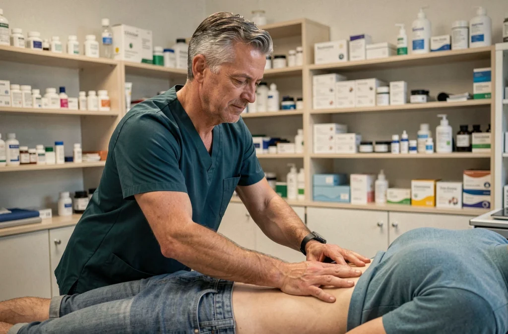 Patrice Lardreau, kinésithérapeute expérimenté à Lille, pratiquant une thérapie manuelle sur le dos d'un patient