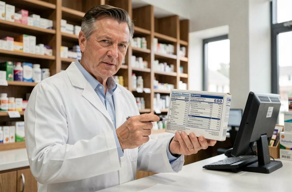 Pharmacien pointant les ingrédients d'un complément alimentaire pour mettre en garde contre les allégations trompeuses des produits cardiovasculaires comme Cardiobalance