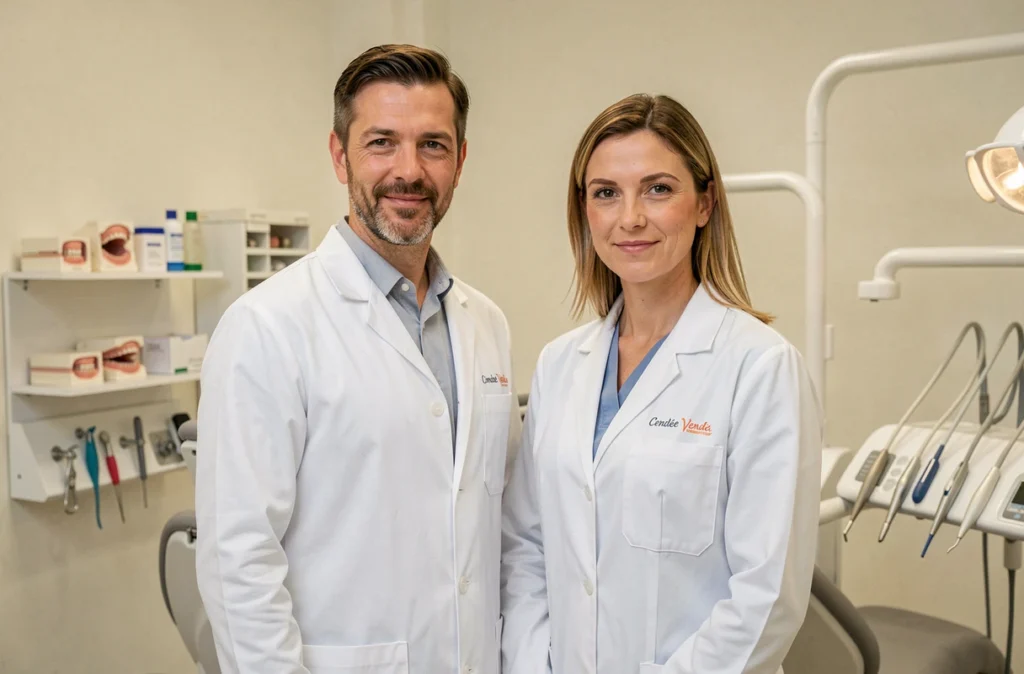 Deux orthodontistes de la SCM Orthodontie Sud Vendée posant dans leur cabinet de consultation