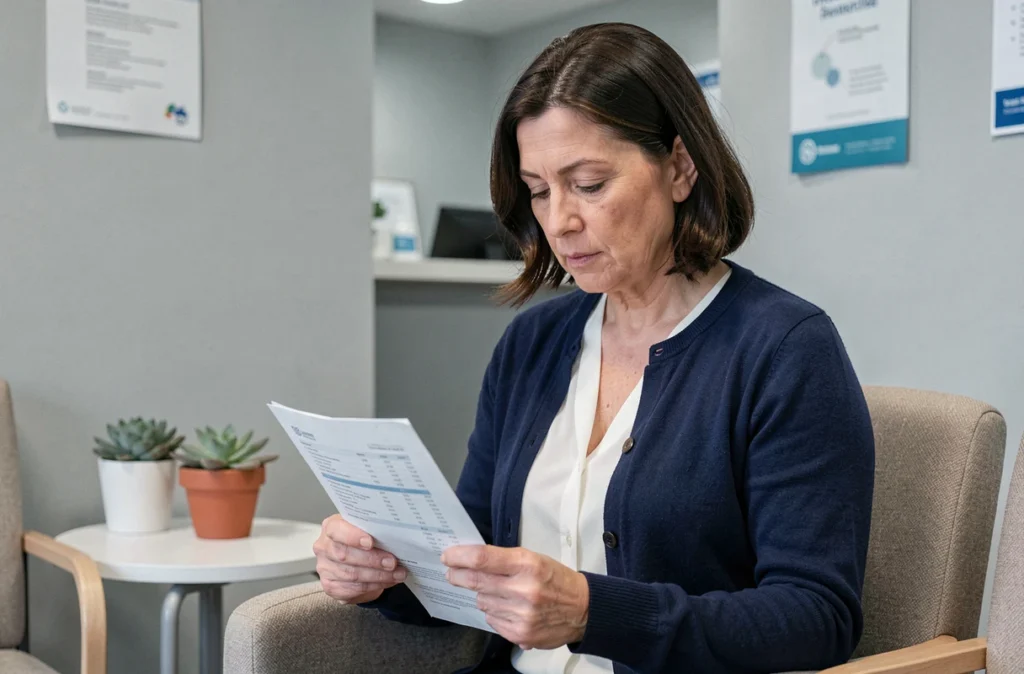Femme en consultation médicale examinant des résultats d'analyses sanguines lors d'un suivi après sevrage d'alcool dans une salle d'attente clinique