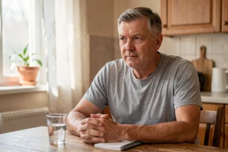 Homme en convalescence assis à une table de cuisine tenant un verre d'eau après un sevrage d'alcool, ambiance calme et apaisante